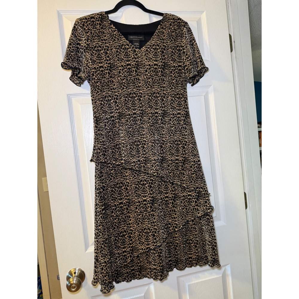 Connected Apparel Dress Womens 10 Brown Leopard Tiered Layered V-Neck Short